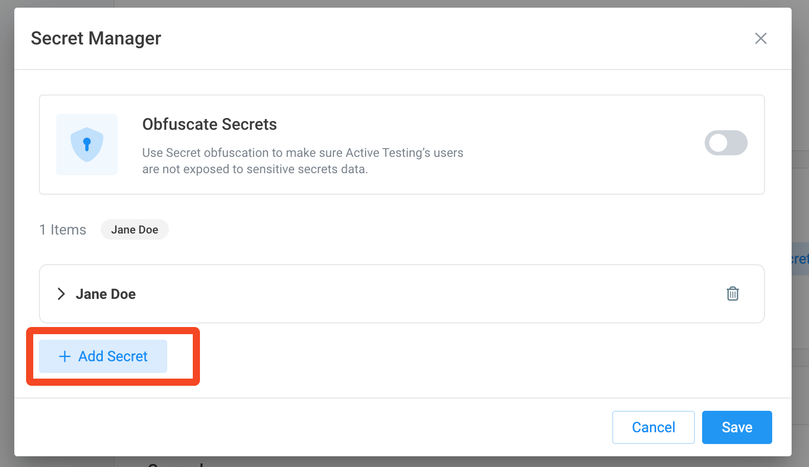 Screenshot of add secret button